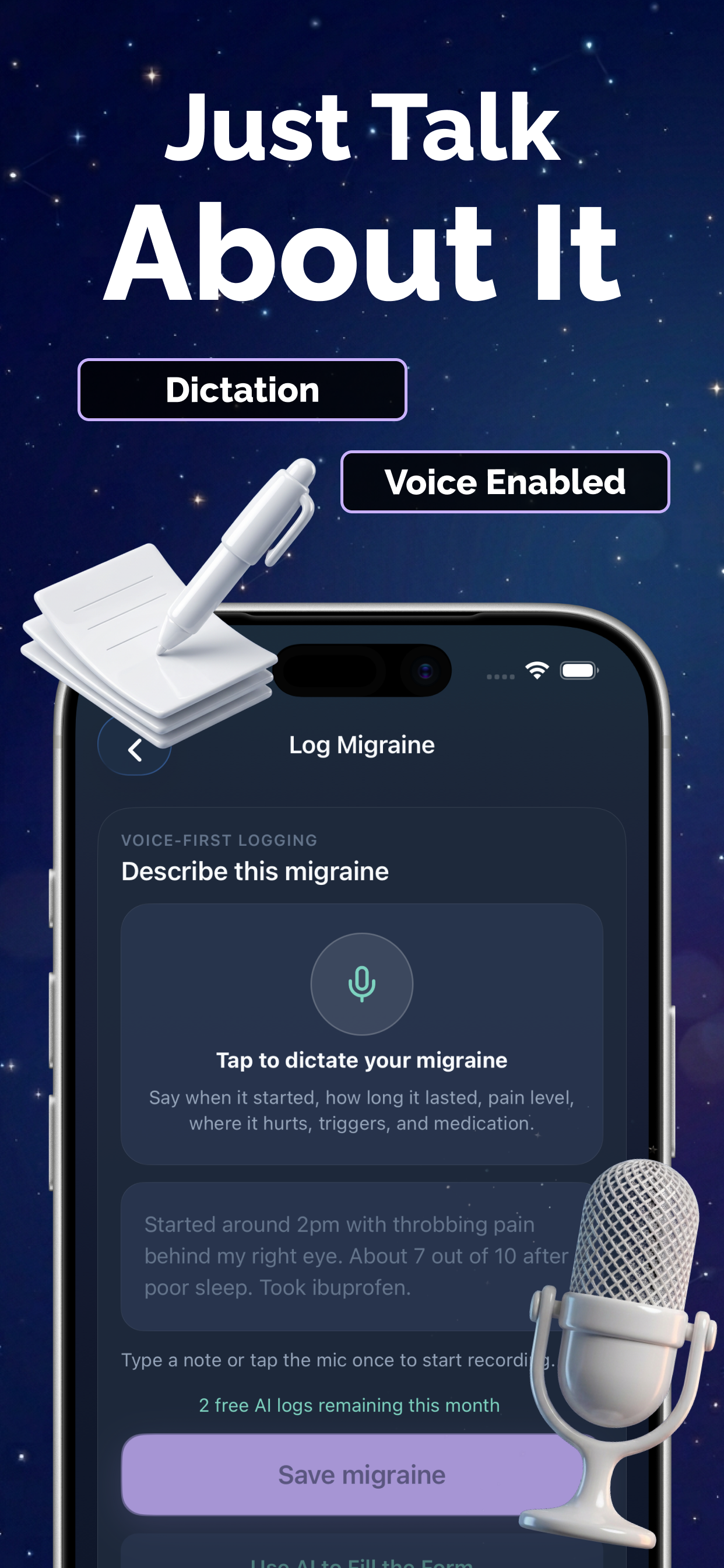 Claru voice-enabled migraine logging screen